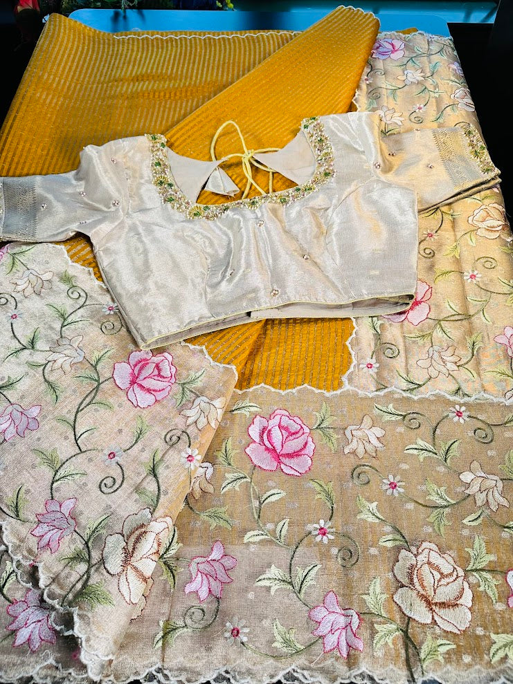 Banarasi Pure Silk Kora Tissue Silk Saree with Embroidery Work with Stitched Maggam Work Blouse 