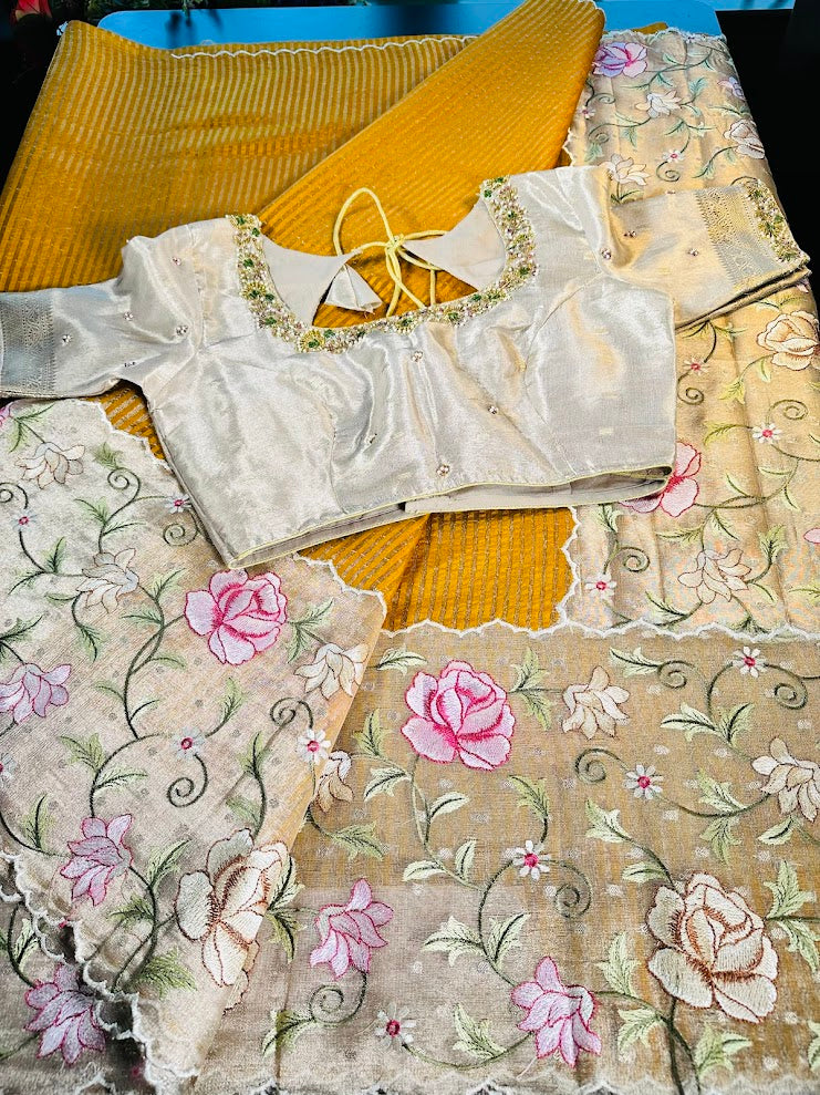 Banarasi Pure Silk Kora Tissue Silk Saree with Embroidery Work with Stitched Maggam Work Blouse 