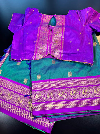 Kanchi Pattu Saree with Butties & Grand Benarasi Border + Stitched Blouse | Ready to wear Saree Blouse USA