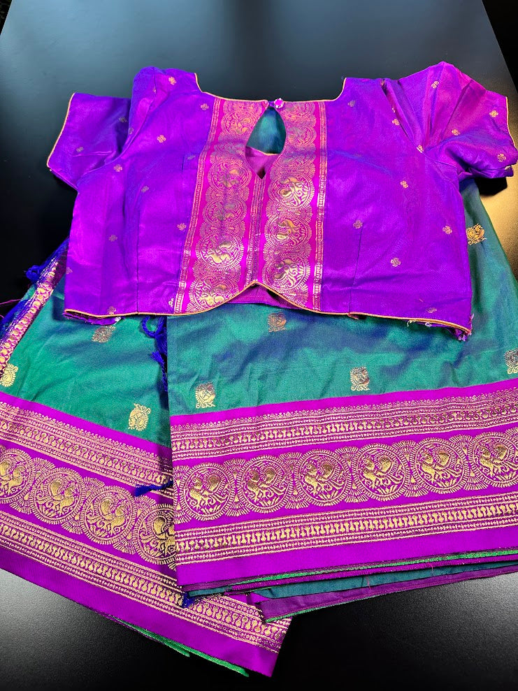 Kanchi Pattu Saree with Butties & Grand Benarasi Border + Stitched Blouse | Ready to wear Saree Blouse USA