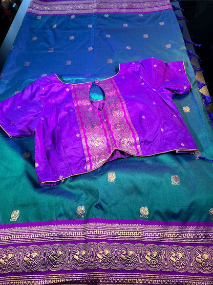 Kanchi Pattu Saree with Butties & Grand Benarasi Border + Stitched Blouse | Ready to wear Saree Blouse USA