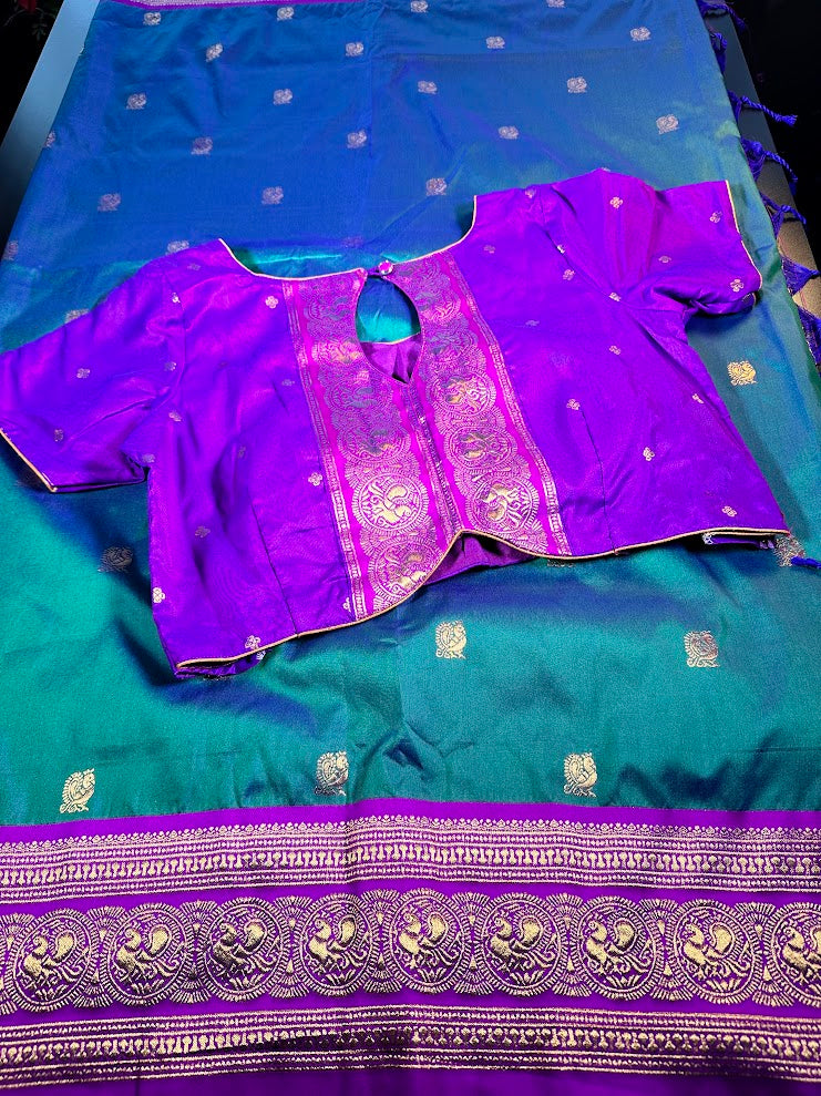 Kanchi Pattu Saree with Butties & Grand Benarasi Border + Stitched Blouse | Ready to wear Saree Blouse USA