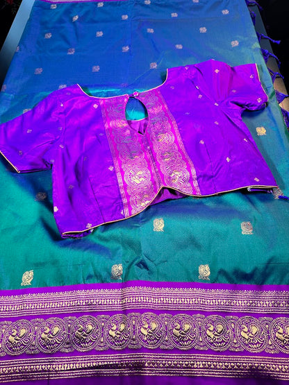 Kanchi Pattu Saree with Butties & Grand Benarasi Border + Stitched Blouse | Ready to wear Saree Blouse USA