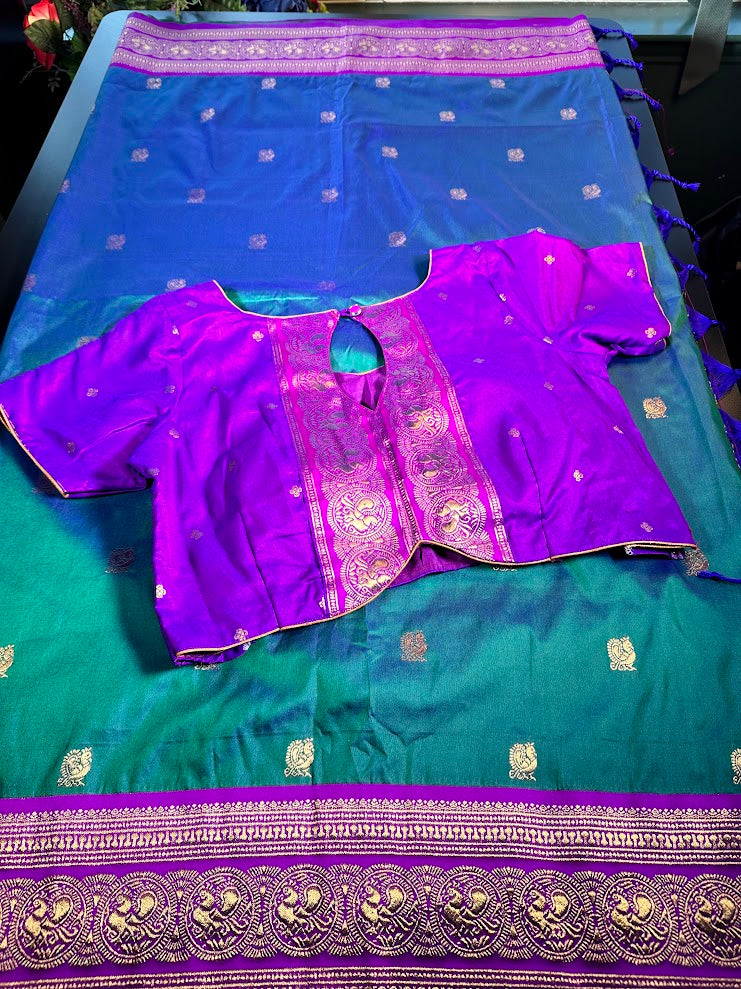 Kanchi Pattu Saree with Butties & Grand Benarasi Border + Stitched Blouse | Ready to wear Saree Blouse USA