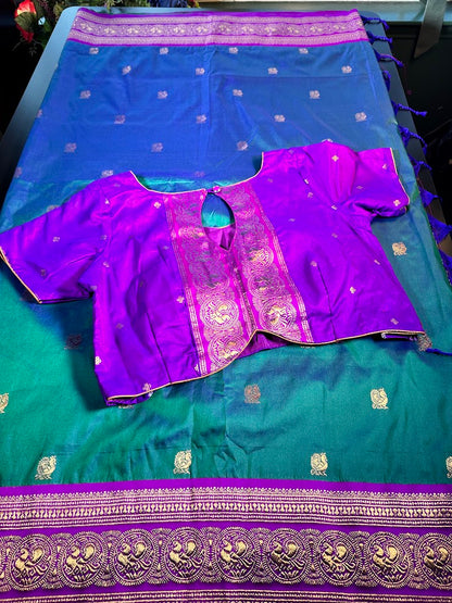 Kanchi Pattu Saree with Butties & Grand Benarasi Border + Stitched Blouse | Ready to wear Saree Blouse USA