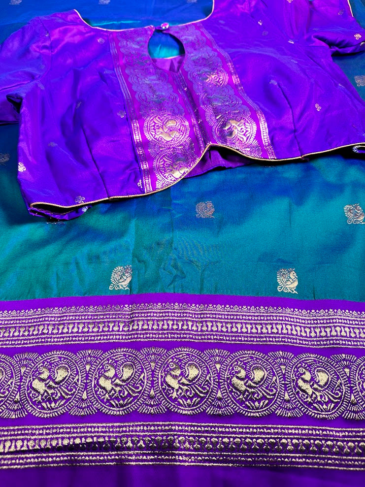 Kanchi Pattu Saree with Butties & Grand Benarasi Border + Stitched Blouse | Ready to wear Saree Blouse USA