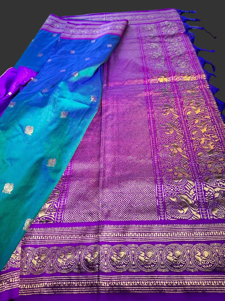 Kanchi Pattu Saree with Butties & Grand Benarasi Border + Stitched Blouse | Ready to wear Saree Blouse USA