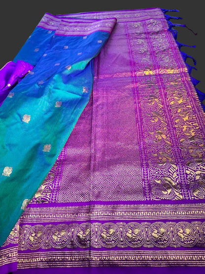 Kanchi Pattu Saree with Butties & Grand Benarasi Border + Stitched Blouse | Ready to wear Saree Blouse USA