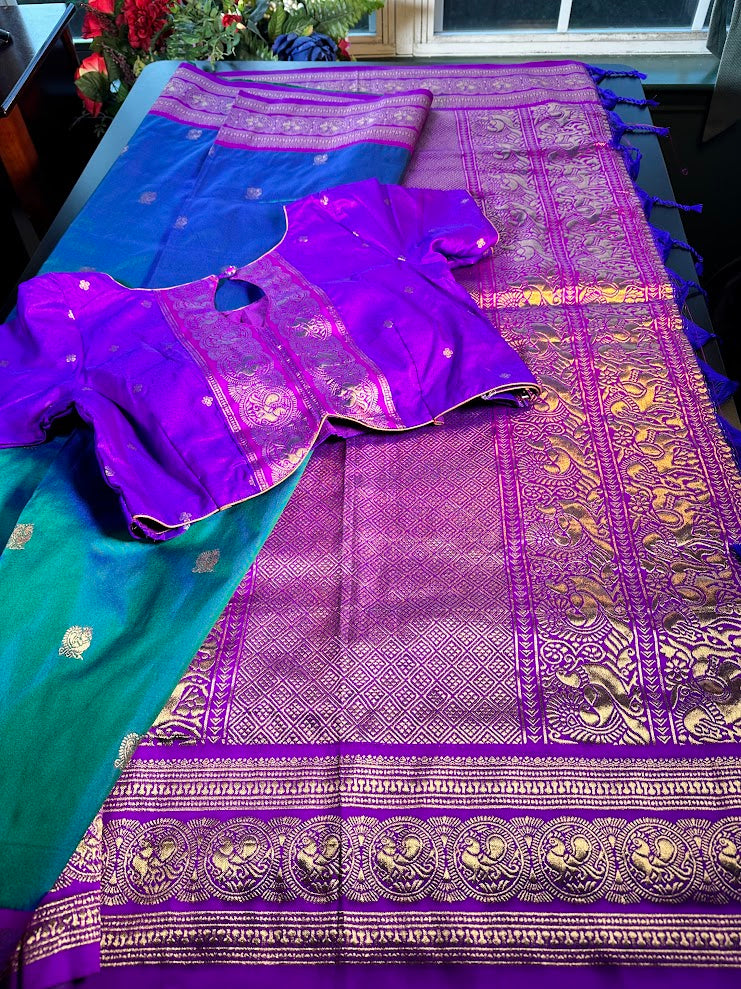 Kanchi Pattu Saree with Butties & Grand Benarasi Border + Stitched Blouse | Ready to wear Saree Blouse USA