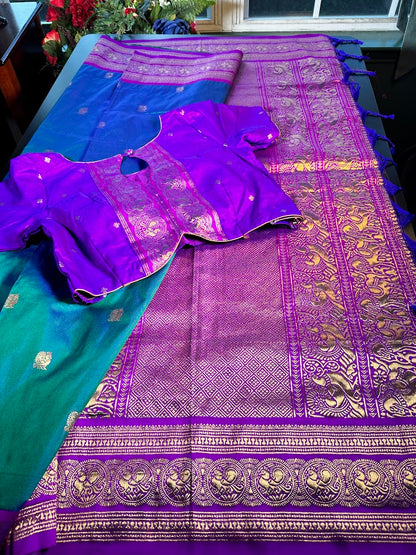 Kanchi Pattu Saree with Butties & Grand Benarasi Border + Stitched Blouse | Ready to wear Saree Blouse USA