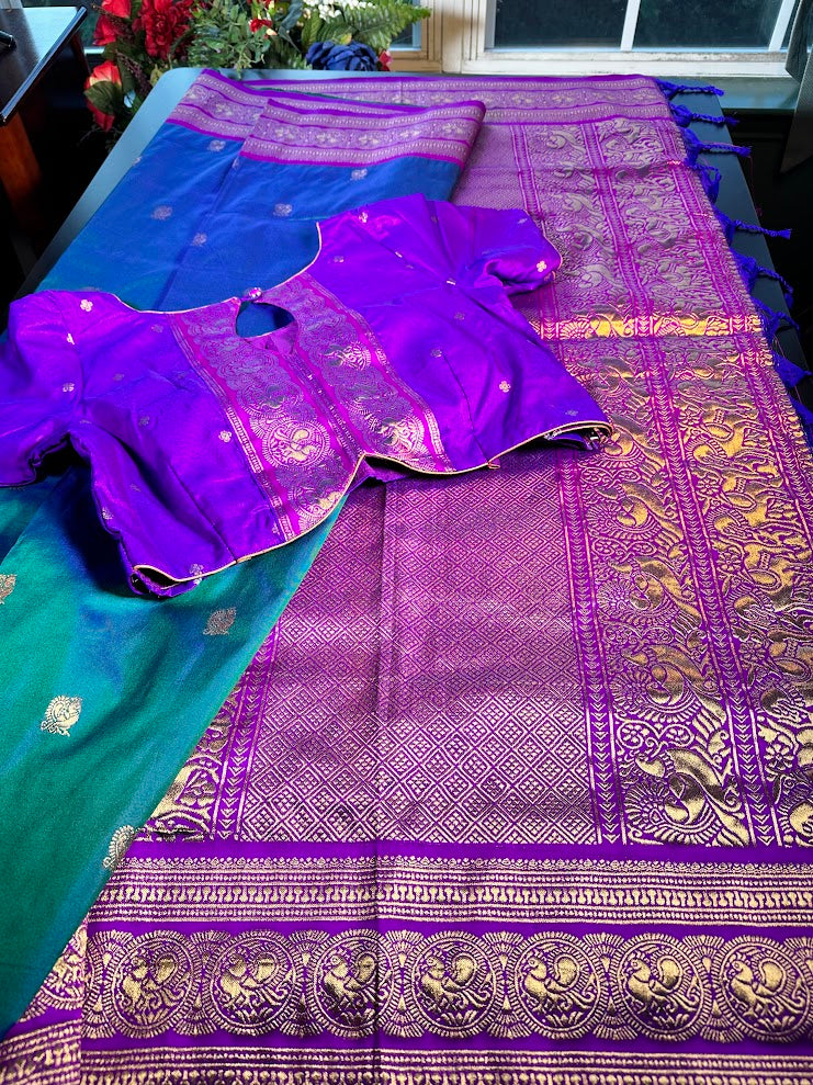 Kanchi Pattu Saree with Butties & Grand Benarasi Border + Stitched Blouse | Ready to wear Saree Blouse USA