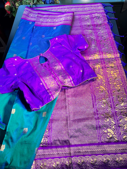 Kanchi Pattu Saree with Butties & Grand Benarasi Border + Stitched Blouse | Ready to wear Saree Blouse USA