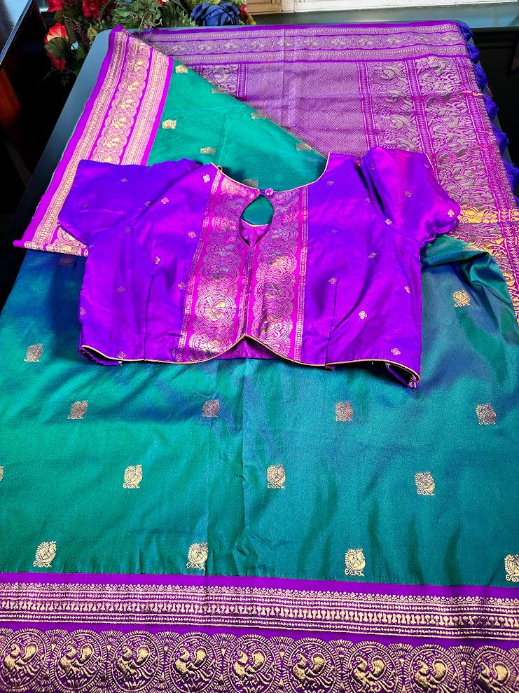 Kanchi Pattu Saree with Butties & Grand Benarasi Border + Stitched Blouse | Ready to wear Saree Blouse USA