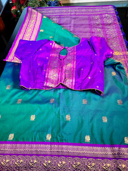 Kanchi Pattu Saree with Butties & Grand Benarasi Border + Stitched Blouse | Ready to wear Saree Blouse USA