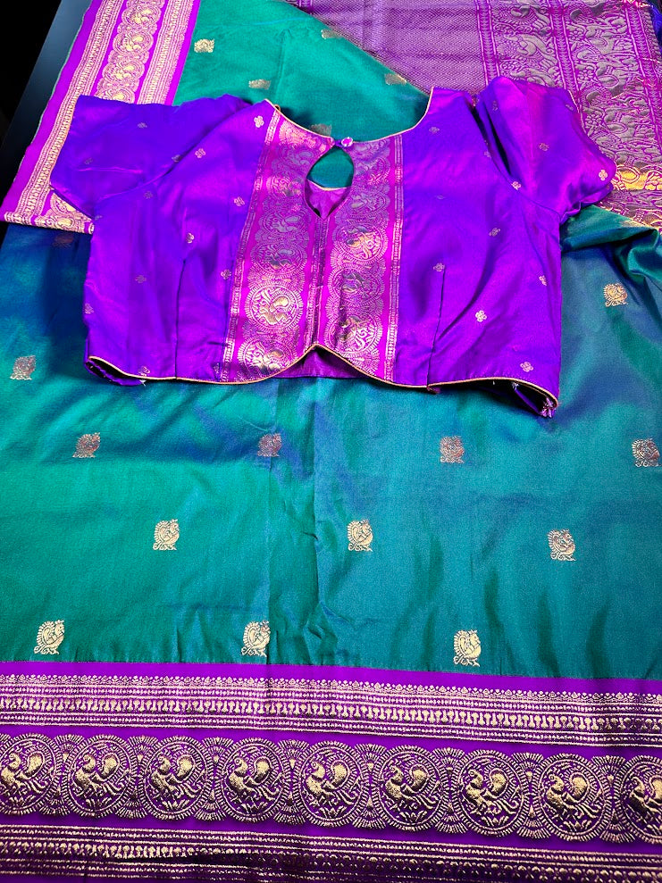 Kanchi Pattu Saree with Butties & Grand Benarasi Border + Stitched Blouse | Ready to wear Saree Blouse USA