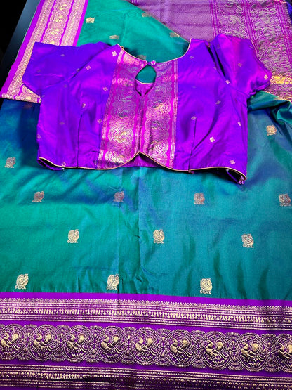 Kanchi Pattu Saree with Butties & Grand Benarasi Border + Stitched Blouse | Ready to wear Saree Blouse USA