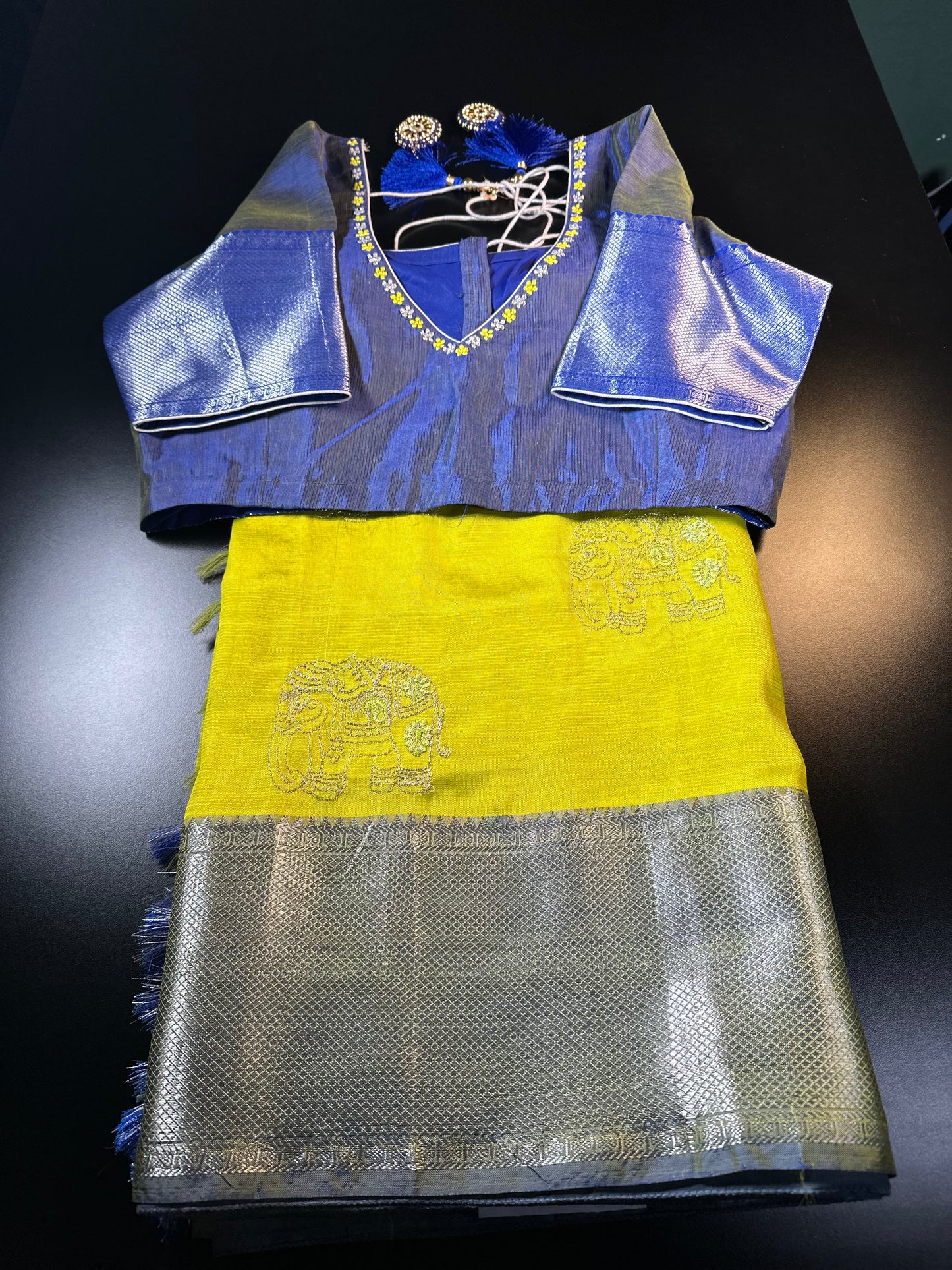 Handloom Mangalagiri Silk Saree with Blouse Green| Fast Shipping from the USA Yellow Blue