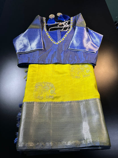 Handloom Mangalagiri Silk Saree with Blouse Green| Fast Shipping from the USA Yellow Blue