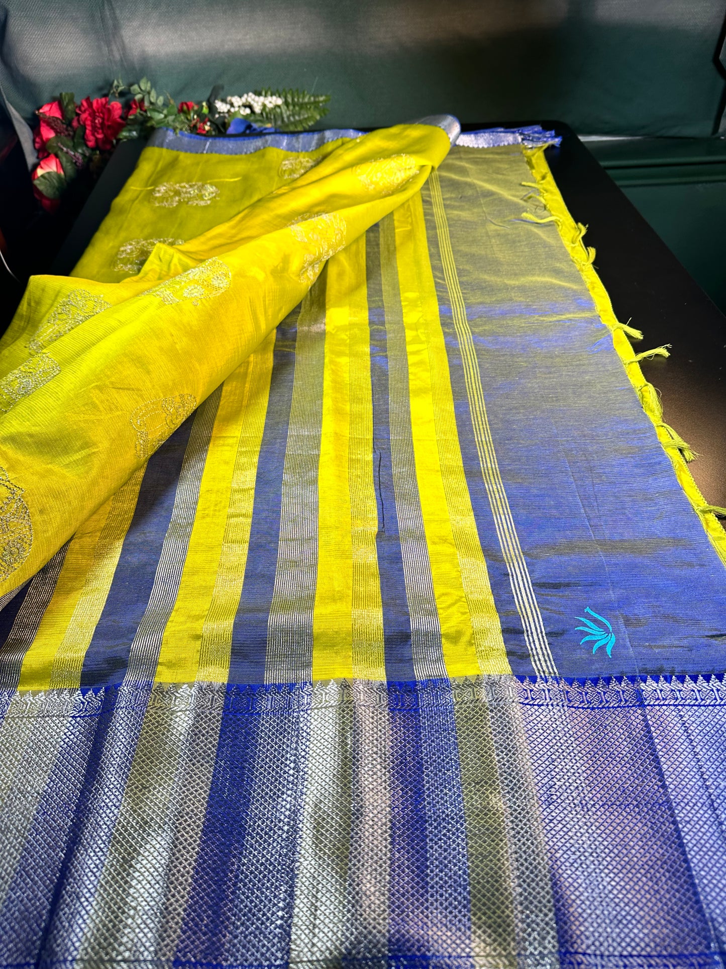 Handloom Mangalagiri Silk Saree with Blouse Green| Fast Shipping from the USA Yellow Blue