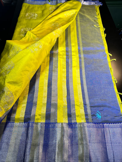 Handloom Mangalagiri Silk Saree with Blouse Green| Fast Shipping from the USA Yellow Blue