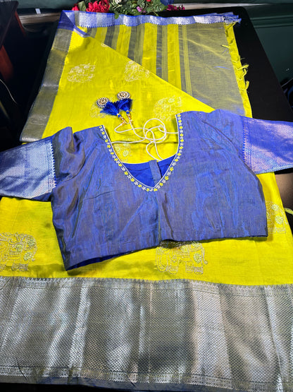 Handloom Mangalagiri Silk Saree with Blouse Green| Fast Shipping from the USA Yellow Blue
