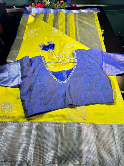 Handloom Mangalagiri Silk Saree with Blouse Green| Fast Shipping from the USA Yellow Blue