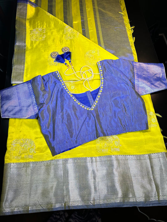 Handloom Mangalagiri Silk Saree with Blouse Green| Fast Shipping from the USA Yellow Blue