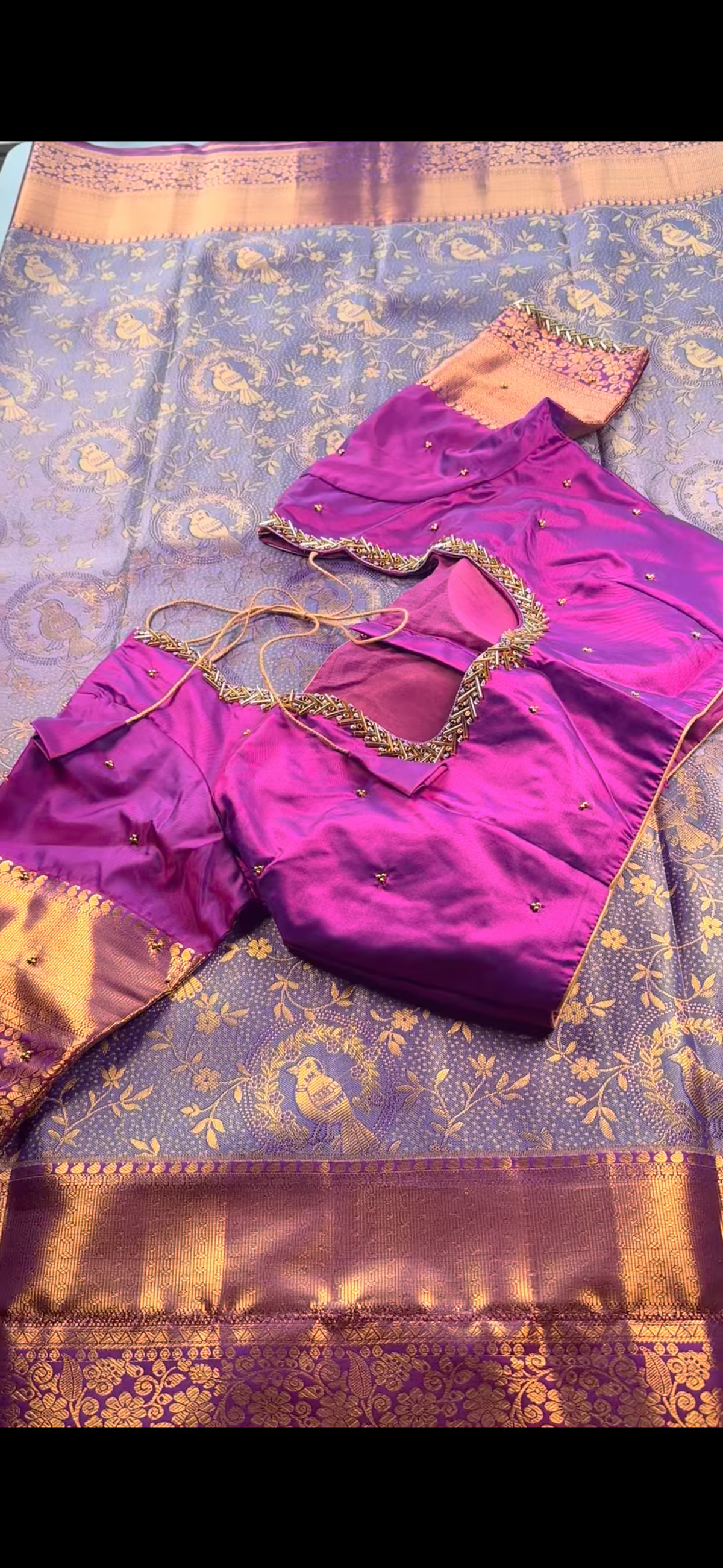 Kanchipuram Silk Saree + Stitched Maggam Work Blouse | Ready to wear Saree Blouse USA