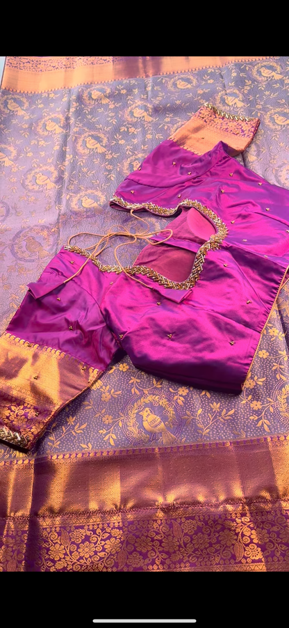 Kanchipuram Silk Saree + Stitched Maggam Work Blouse | Ready to wear Saree Blouse USA