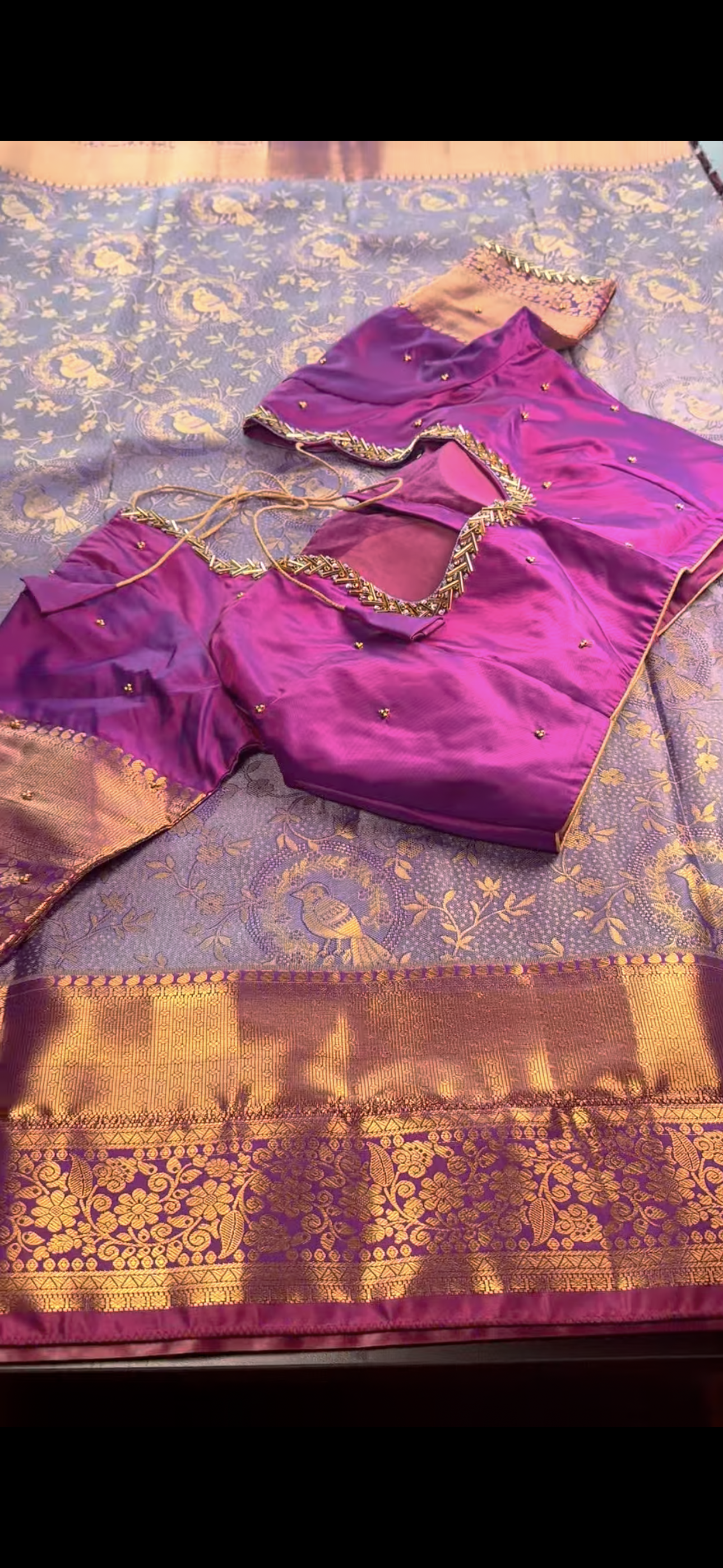 Kanchipuram Silk Saree + Stitched Maggam Work Blouse | Ready to wear Saree Blouse USA