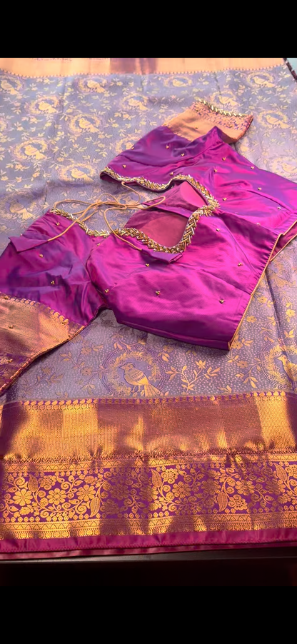 Kanchipuram Silk Saree + Stitched Maggam Work Blouse | Ready to wear Saree Blouse USA