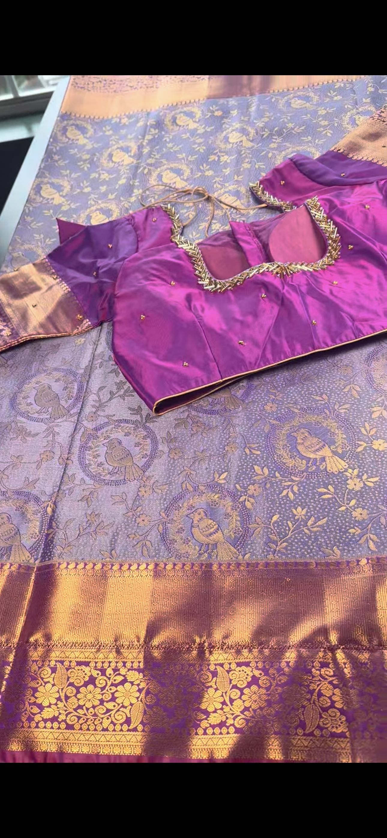 Kanchipuram Silk Saree + Stitched Maggam Work Blouse | Ready to wear Saree Blouse USA