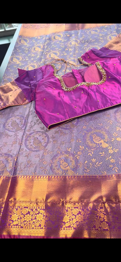Kanchipuram Silk Saree + Stitched Maggam Work Blouse | Ready to wear Saree Blouse USA