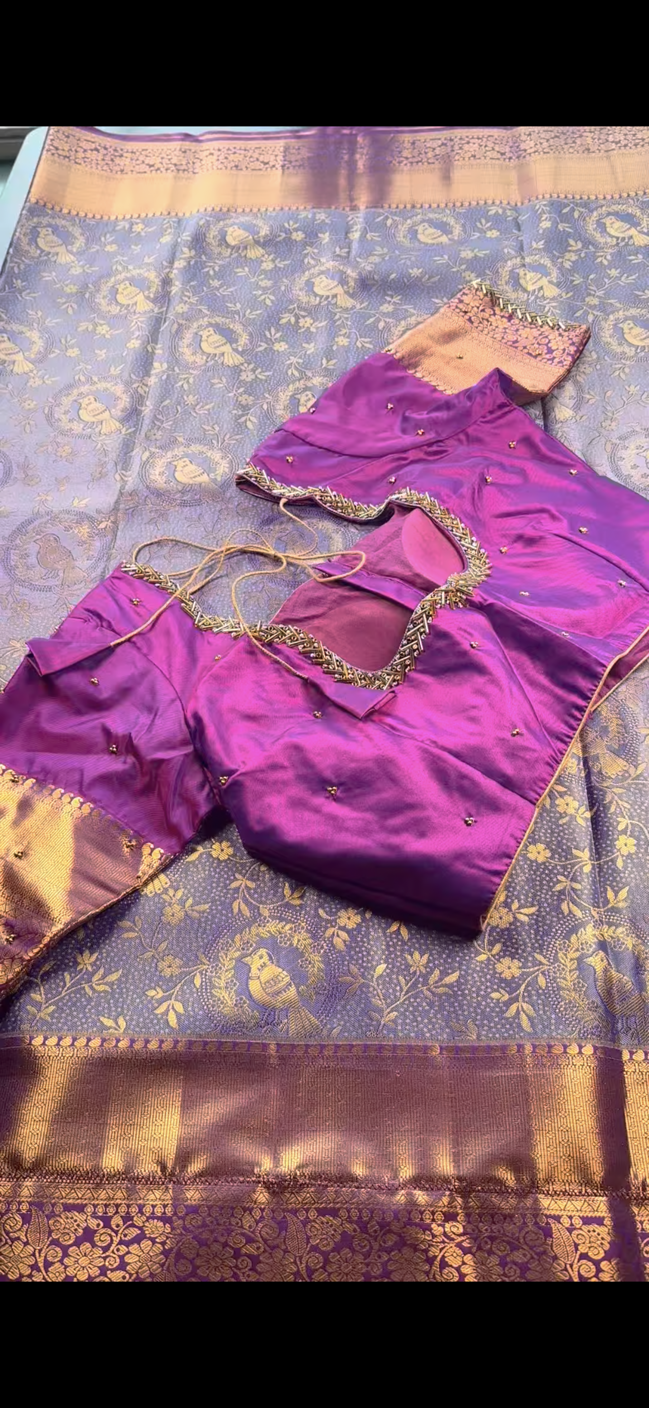 Kanchipuram Silk Saree + Stitched Maggam Work Blouse | Ready to wear Saree Blouse USA