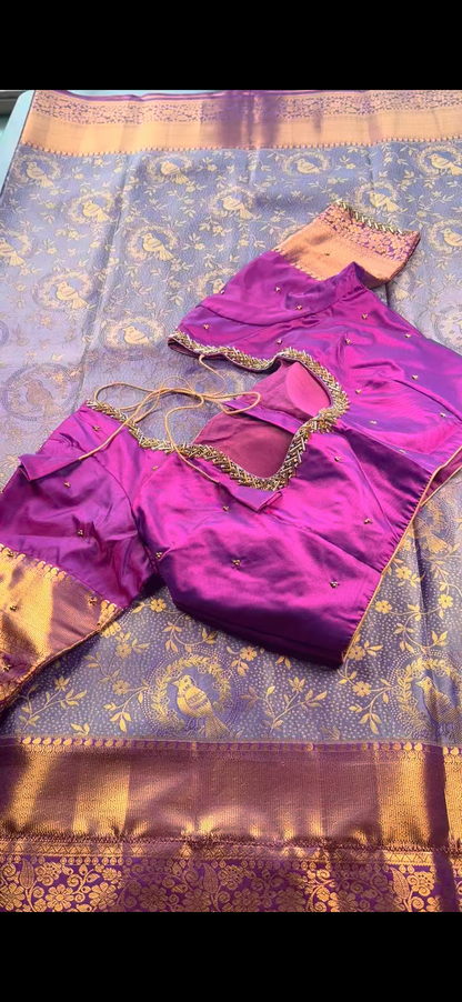 Kanchipuram Silk Saree + Stitched Maggam Work Blouse | Ready to wear Saree Blouse USA