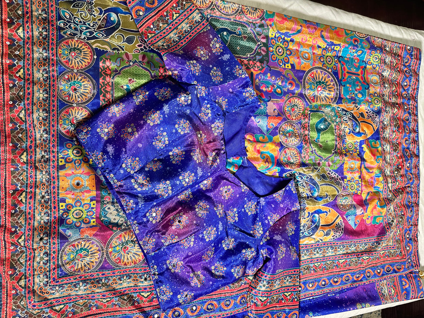 Mirror Work Chinon Silk Saree | Ready to Wear Saree | Ships from USA|  Party Wear Blue