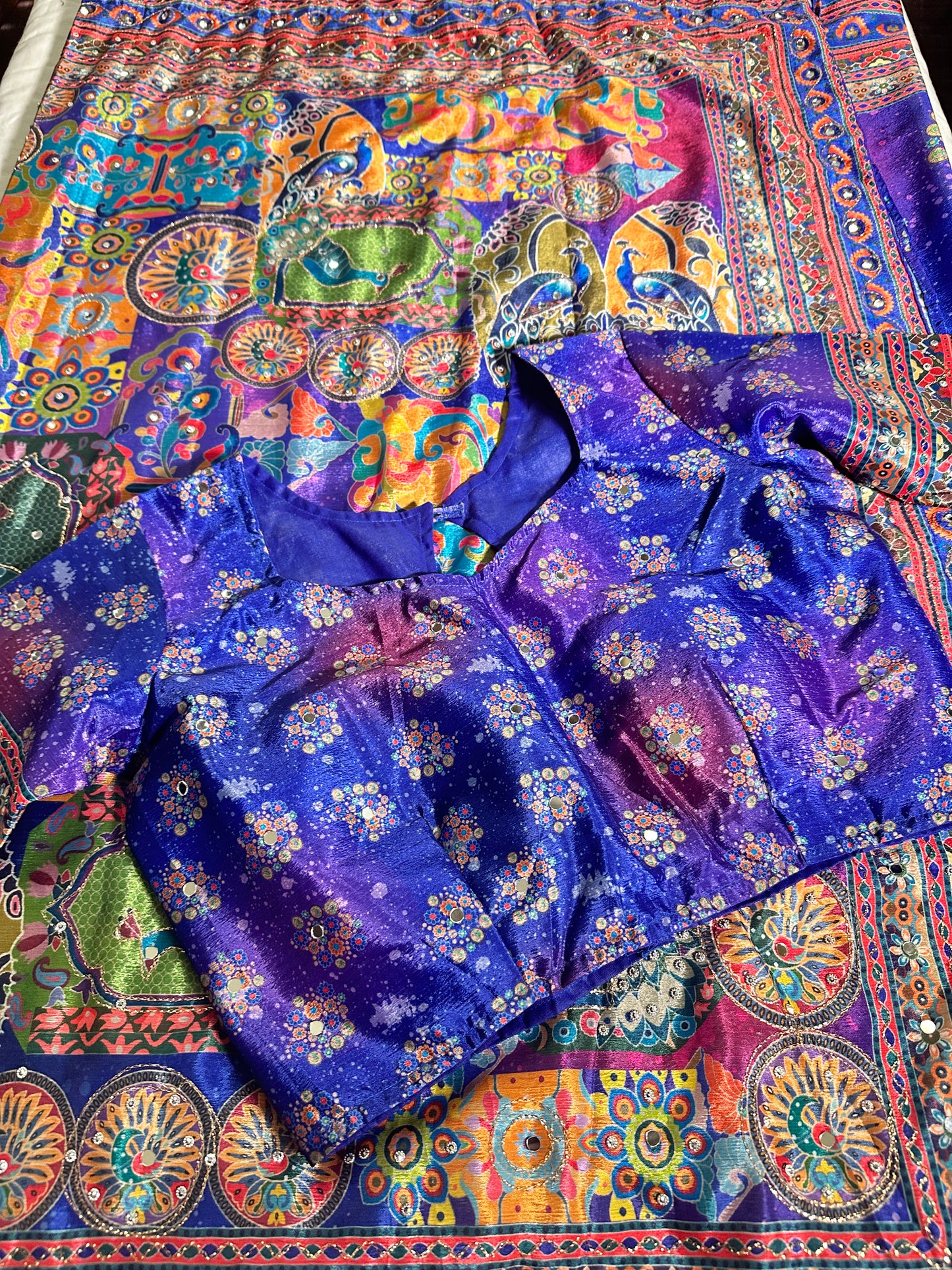 Mirror Work Chinon Silk Saree | Ready to Wear Saree | Ships from USA|  Party Wear Blue