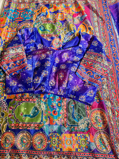 Mirror Work Chinon Silk Saree | Ready to Wear Saree | Ships from USA|  Party Wear Blue