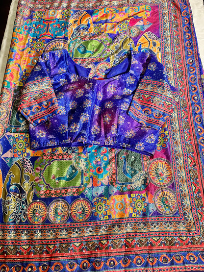 Mirror Work Chinon Silk Saree | Ready to Wear Saree | Ships from USA|  Party Wear Blue