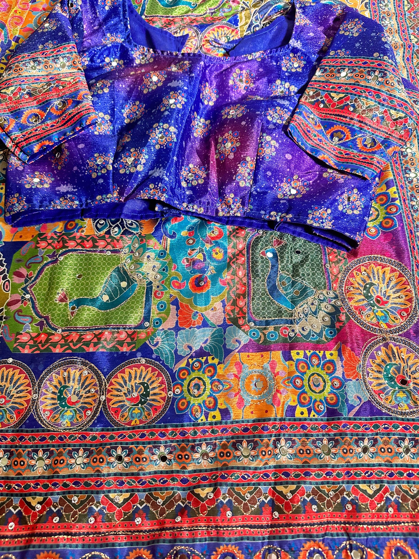 Mirror Work Chinon Silk Saree | Ready to Wear Saree | Ships from USA|  Party Wear Blue