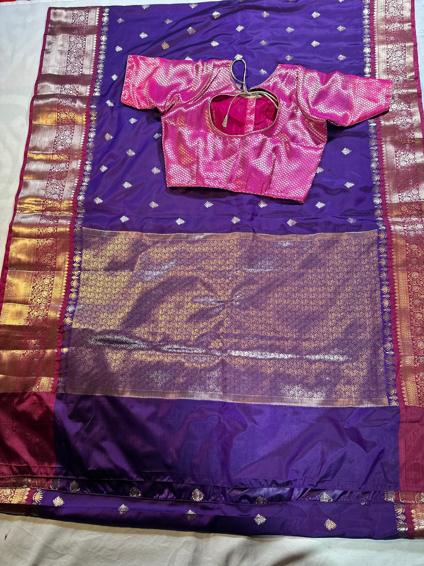 Chiniya Pattu Saree with Stitched Maggam Work Blouse Purple