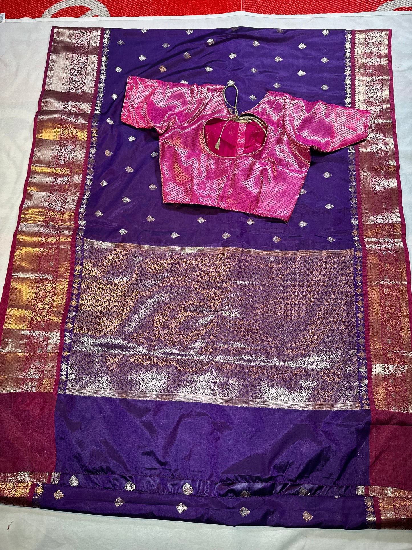 Chiniya Pattu Saree with Stitched Maggam Work Blouse Purple