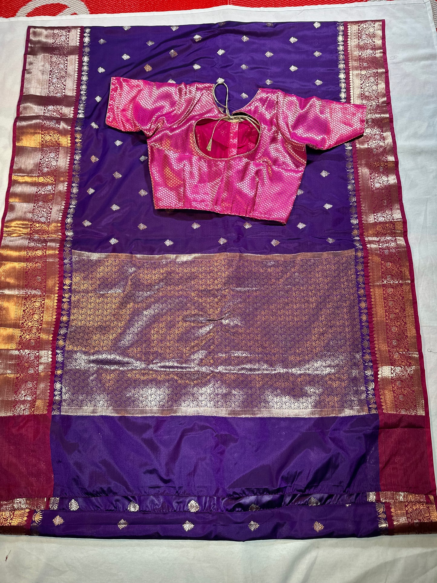 Chiniya Pattu Saree with Stitched Maggam Work Blouse Purple