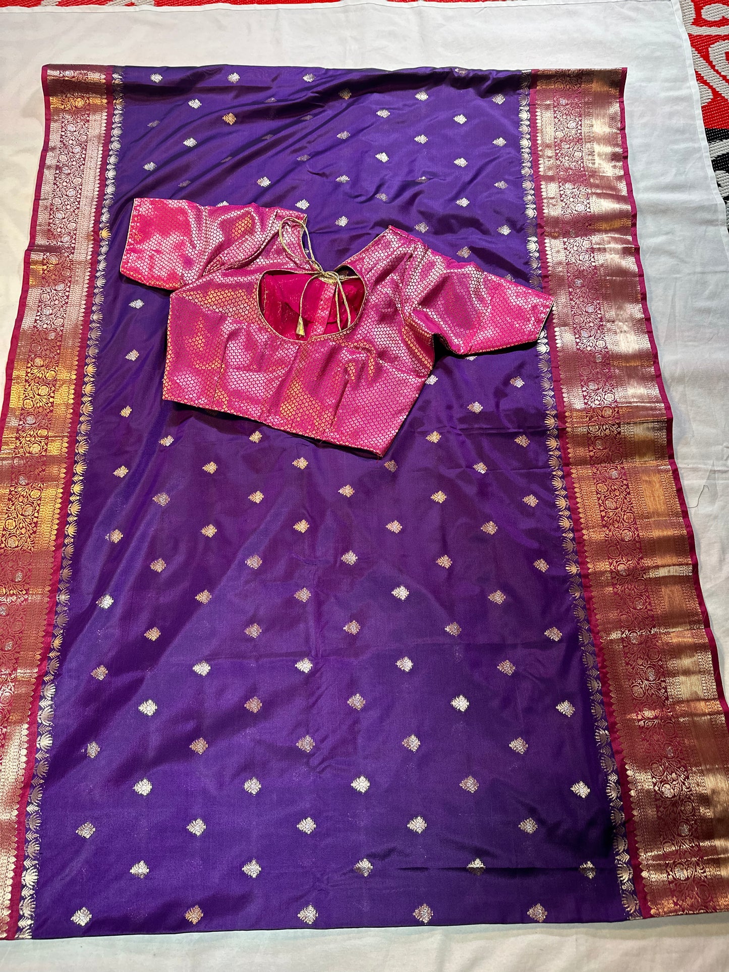 Chiniya Pattu Saree with Stitched Maggam Work Blouse Purple