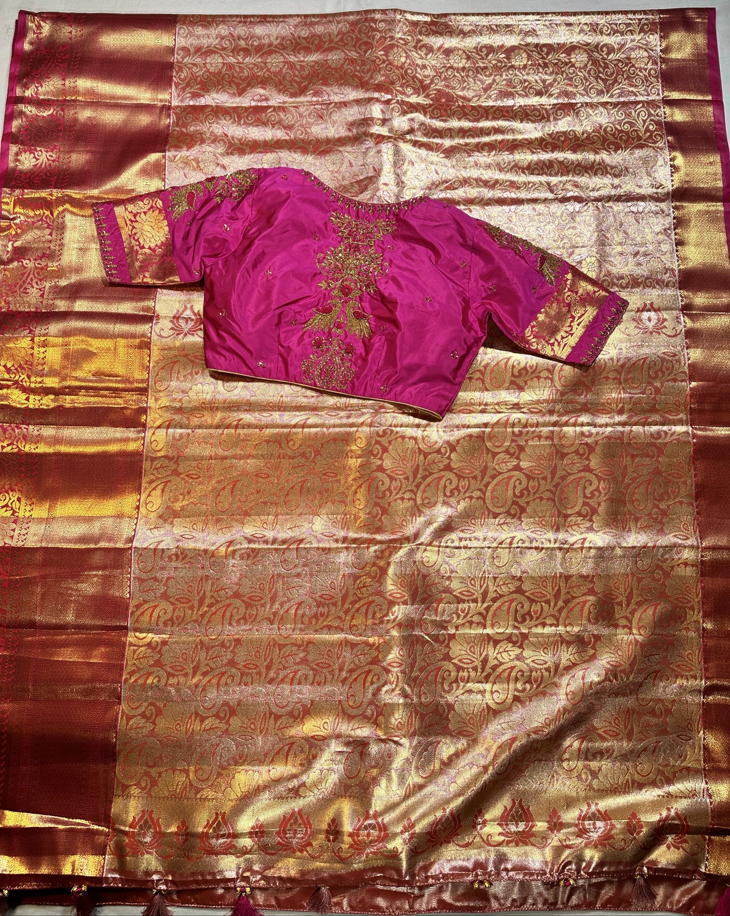 Kanjivaram Tissue Saree, Wedding Saree with Maggam Work Blouse Rani Pink and Baby Pink Buy from USA
