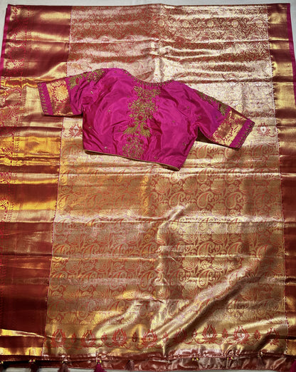 Kanjivaram Tissue Saree, Wedding Saree with Maggam Work Blouse Rani Pink and Baby Pink Buy from USA