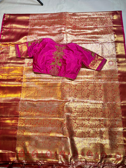 Kanjivaram Tissue Saree, Wedding Saree with Maggam Work Blouse Rani Pink and Baby Pink Buy from USA