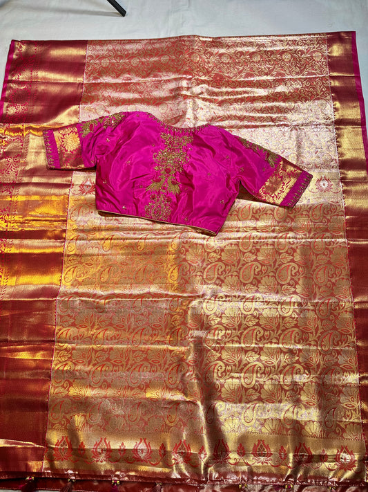 Kanjivaram Tissue Saree, Wedding Saree with Maggam Work Blouse Rani Pink and Baby Pink Buy from USA