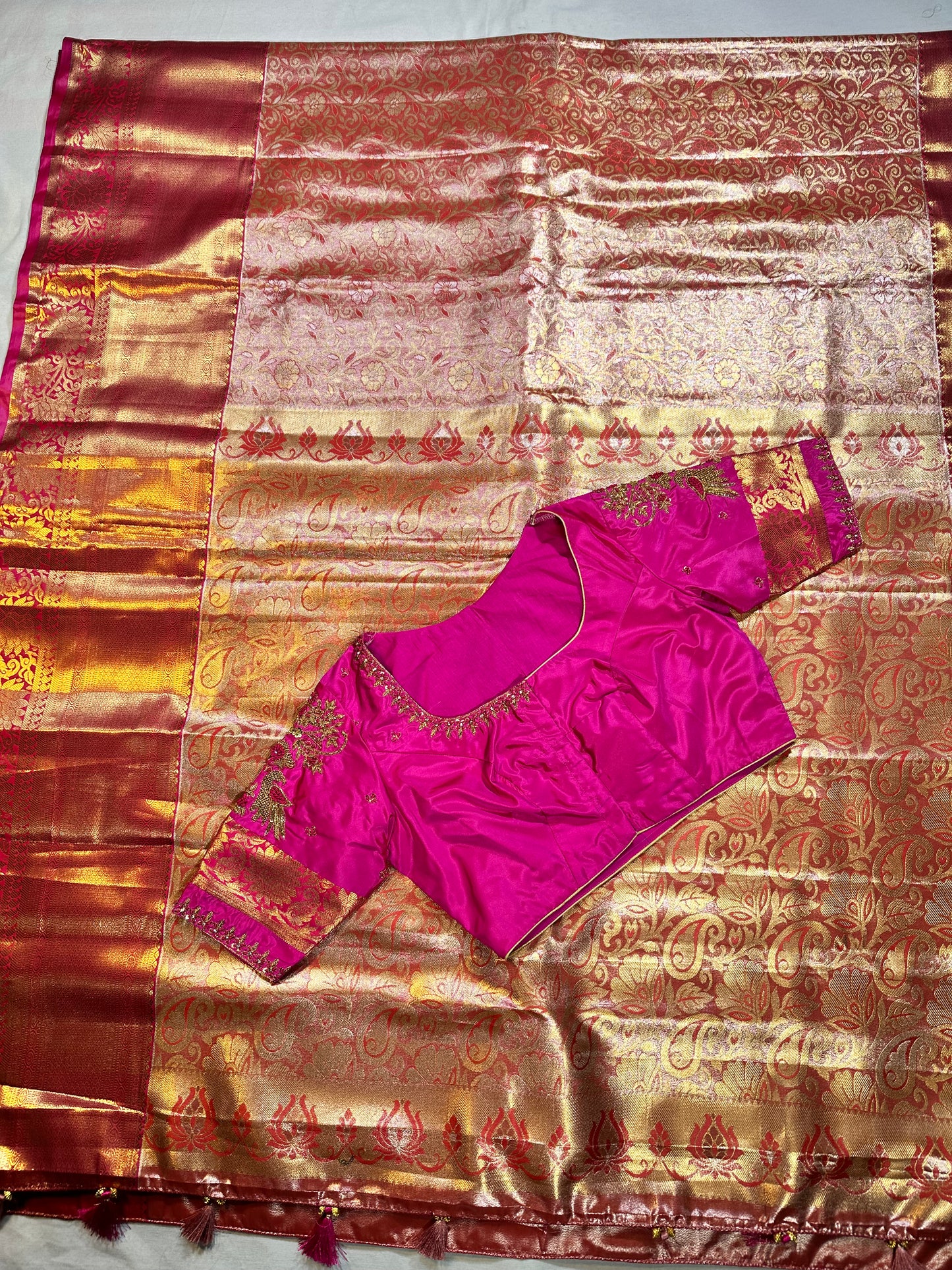 Kanjivaram Tissue Saree, Wedding Saree with Maggam Work Blouse Rani Pink and Baby Pink Buy from USA