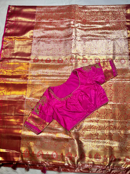 Kanjivaram Tissue Saree, Wedding Saree with Maggam Work Blouse Rani Pink and Baby Pink Buy from USA